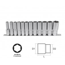Набор головок глубоких 12 предметов, (1/2", 6-гр.: 10-22мм), на метал. рельсе