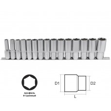 Набор головок глубоких 17 предметов, (1/2", 6-гр.: 8-30мм), на метал. рельсе, зеркальное покрытие
